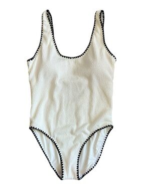 Betsey Johnson White One-Piece Swimsuit with Black Scalloped Trim and Gold Logo